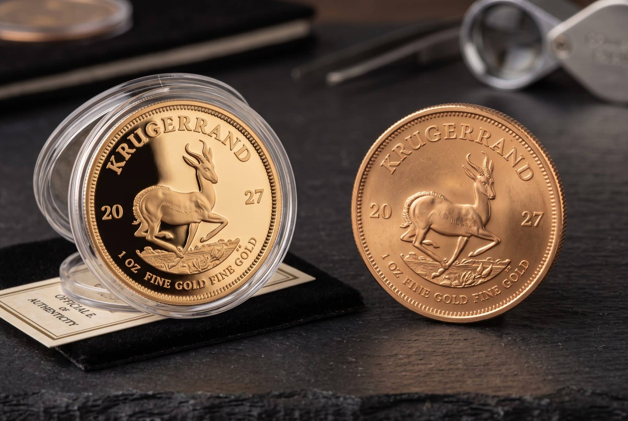 A proof Krugerrand 1 oz gold coin in a clear capsule resting on a certificate of authenticity, next to a standard bullion Krugerrand standing on its edge, with a jeweler's loupe and tweezers on a dark slate surface.